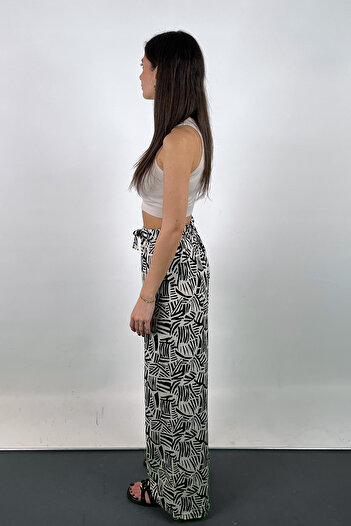 Love The Wind Black and White Patterned Viscose Draped Palazzo Trousers