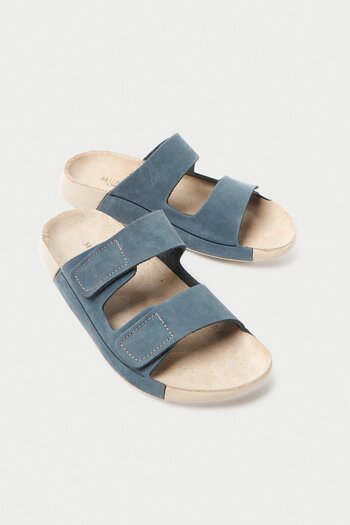 Mubiano Genuine Leather Summer Women's Double Striped Nubuck Special Sole Blue Slippers - Mssr26-M