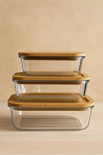 Noah Set of 3 Lu Storage Containers (650ml 1000ml 1500ml)-Heat Resistant-Bamboo Leak Proof Lid