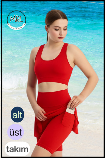 missmaral Women's Set Bottom - Top Biker Shorts Above Knee &Crop Bra Pad Supported Red in the Sea in the Pool in Sports