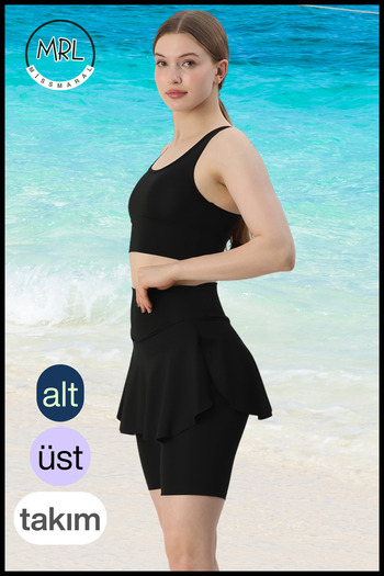 missmaral Women's Black Set Bottom - Top Biker Shorts Above Knee &Crop Bra Pad Supported in the Sea in the Pool in Sports