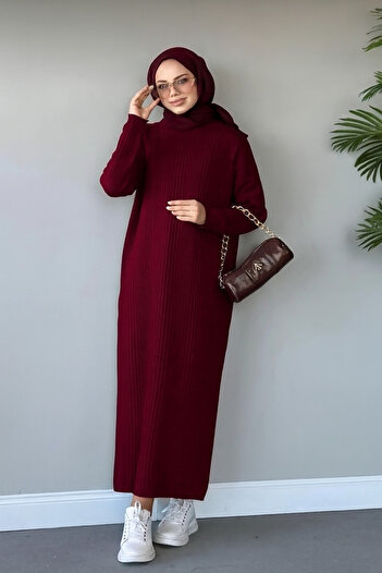 Gülce moda Fitilli Triko Elbise koyu bordo