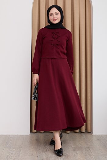 InStyle Modal Ribbon Detail Skirted Burgundy Suit