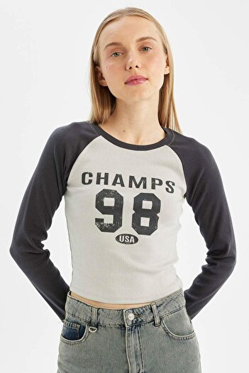 DeFacto Anthracite Coool Fitted Crew Neck Ribbed Camisole Printed Long Sleeve T-Shirt 3113457