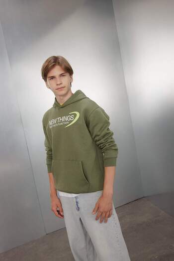 DeFacto Khaki Boy's Sweatshirt - Back Printed, Hooded and Pocket C9789A824Au