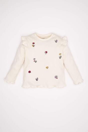 DeFacto Baby Girl Crew Neck Floral Ribbed Camisole Long Sleeve T-Shirt D3851A524Au
