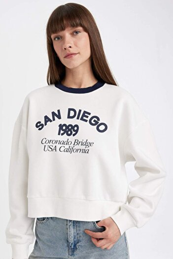 DeFacto Χοντρό φούτερ με στάμπα Boxy Fit Crew Neck D8723ax24wn