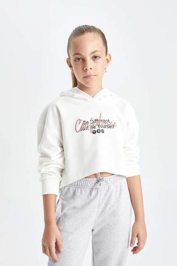 DeFacto Übergroßes, breites, bedrucktes Crop-Kapuzen-Sweatshirt für Mädchen D0314a824au