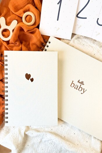 Martius Art Baby Memory Book and Mother Pregnant Diary Set / 0-3 Years Old Baby Agenda / Beige Linen Gilding Design