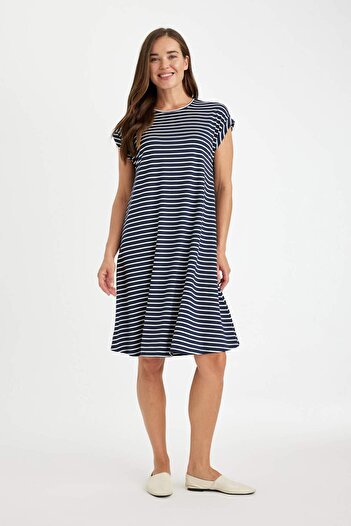 DeFacto Crew Neck Striped Midi Dress - Cut Short Sleeve, D4660ax24hs