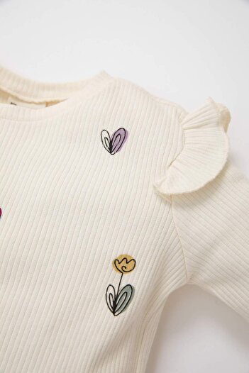 DeFacto Baby Girl Crew Neck Floral Ribbed Camisole Long Sleeve T-Shirt D3851A524Au