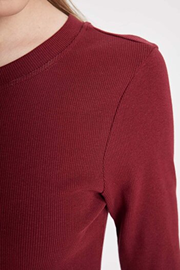 DeFacto Bodycon Vücuda Oturan Bisiklet Yaka Basic Düz Fitilli Kaşkorse Kısa Kollu Maxi Bordo Elbise D8623AX