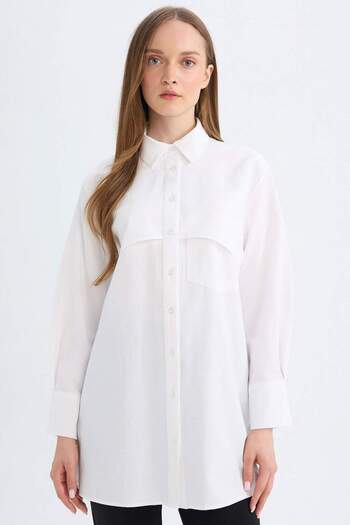 DeFacto Relax Fit Shirt Collar Poplin Basic Plain Long Sleeve White Shirt Tunic D4773Ax24Au