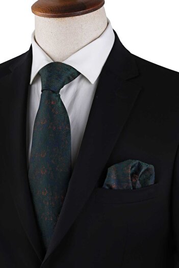 Kravatkolik Classic Tie with Green Flower Pattern Handkerchief Kk13135
