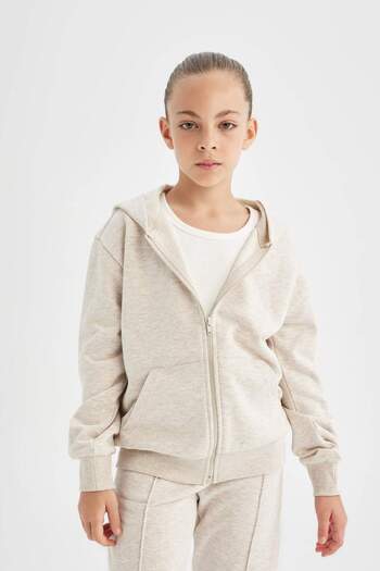 DeFacto Girl's Basic Plain Hooded Zippered School Cardigan C8110A824Au