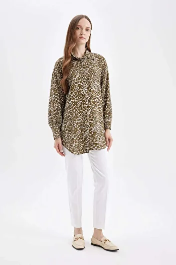 DeFacto Regular Fit Shirt Collar Leopard Print Long Sleeve Shirt Tunic D4097Ax24Au