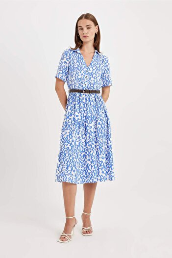 DeFacto Rochie midi cu mânecă scurtă, cu model floral, cu centură, cu guler de cămașă D4411AX24HS