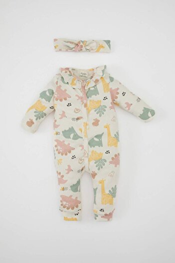 DeFacto Baby Girl Newborn 2-Piece Set Buttoned Snap Safari Printed Ribbed Camisole Long Sleeve Jumpsuit Hair