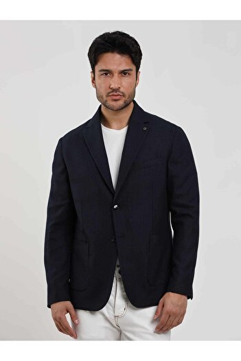 Dufy Navy Blue Men's Slim Fit Striped Casual Mono Collar Jacket