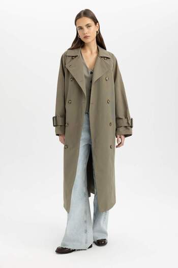 DeFacto Waterproof Long Trench Coat Wide Fit Double Breasted Lapel Buttoned Epaulet Belted Seasonal B1818Ax24Au