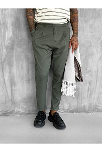 ablukaonline Men's Adjustable Buckle Pleated Fabric Trousers Khaki