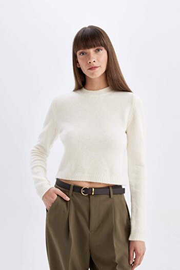 DeFacto Regular Fit Bisiklet Yaka Premium Basic Düz Crop Triko Kazak C9047AX24WN