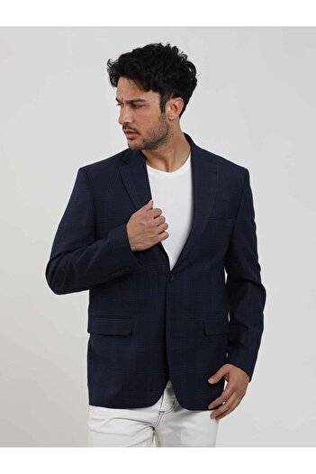 Dufy Men's Navy Blue Plaid Patterned Regular Fit Mono Collar Jacket - 84334