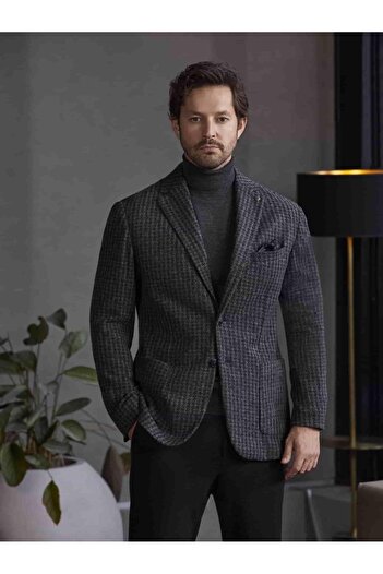 Dufy Dark Gray Men's Slim Fit Plaid Patterned Casual Mono Collar Jacket