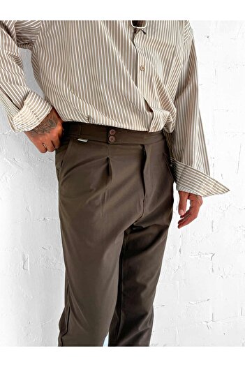 ablukaonline Men's Adjustable Buckle Pleated Fabric Trousers Brown
