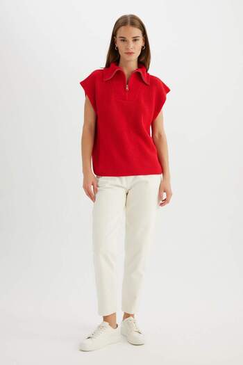 DeFacto Relax Fit Zippered Stand Collar Thessaloniki Fabric Red Knitwear Sweater C4849Ax24Au