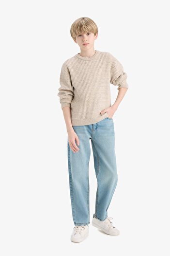 DeFacto Boy's Beige Crew Neck Basic Plain Knitwear Sweater C9468A824Au