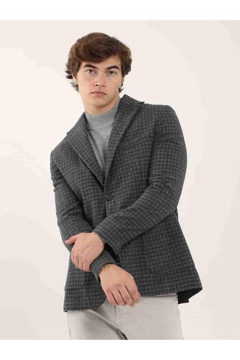 Dufy Dark Blue Men's Slim Fit Plaid Pattern Mono Collar Jacket