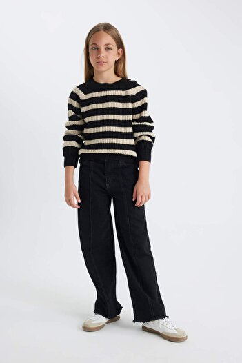 DeFacto Girls' Standard Fit Striped Crew Neck Sweater C6929A824Au