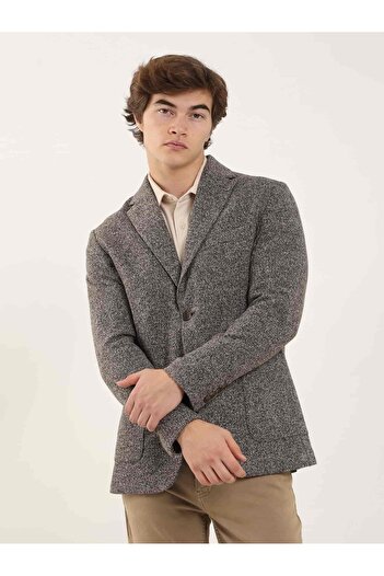 Dufy Brown Men's Slim Fit Melange Patterned Casual Mono Collar Jacket