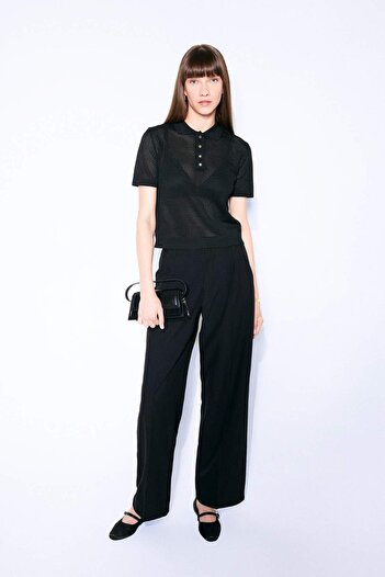 DeFacto Regular Fit Openwork Polo Neck Short Sleeve Black Knitwear Sweater D4161Ax24Au