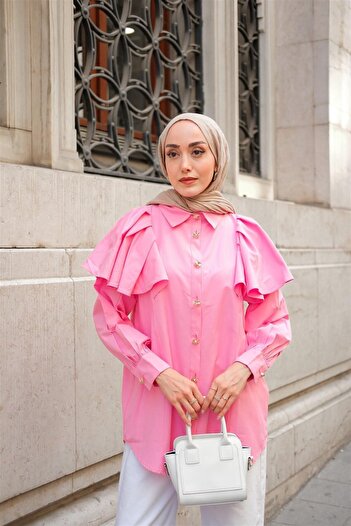 LOCCO Pink Valon Women's Shirt with Sleeves and Button Detail