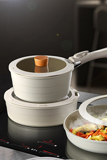 NEOFLAM Midas Beige 9-Piece Detachable Handle Nesting Induction Pot Pan Set