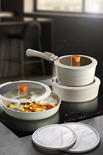 NEOFLAM Midas Beige 9-Piece Detachable Handle Nesting Induction Pot Pan Set