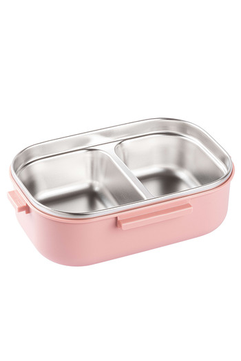 Tantitoni Pink Stainless Steel Rectangular Food Carrying Container with Fork and Spoon 850ml