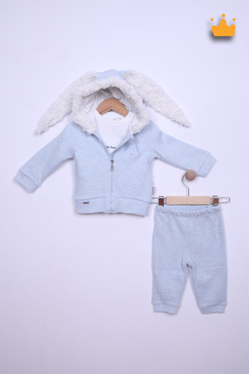 Babydola Kuzu Hayvan Kostüm Pamuk Kumaşlı Kapşonlu Hırka Badi Pantolon 3'lü Erkek Kız Bebek Takım 14036
