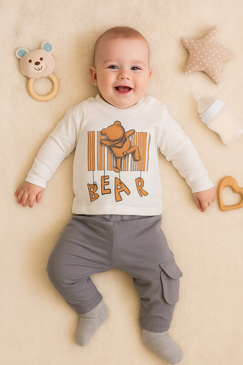 Babyhola Baby Girl and Boy 2-Piece Teddy Bear Badi Pants Bottom Top Set Anthracite