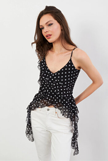 Cool & Sexy Women's Black-Ecru Polka Dot Patterned Ruffle Chiffon Blouse Fs033