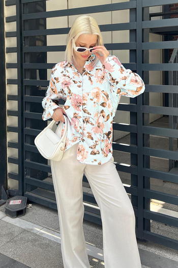 Madmext Cămașă din satin cu model floral albastru baby Mg1787