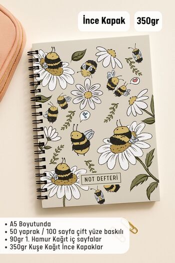Eldesen Tasarım A5 Spiral Line School Notebook, 50 Sheets 100 Pages, Cardboard Cover Notepad, with Bee