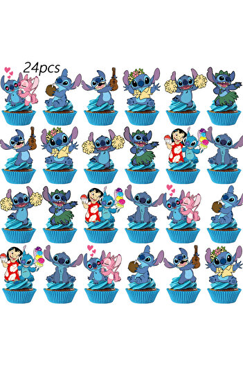Miniso 24pcs-1 Disney Stitch Cupcake Toppers, Stitch Birthday Decorations，Stitch Theme Party Supplies