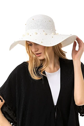 Saria Moda White Pearl Detailed Wide Straw Summer Hat