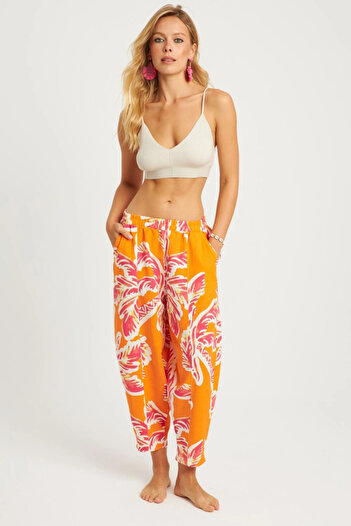 Cool & Sexy Linen K1253 - Orange Patterned Women's Baggy Trousers
