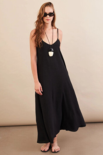Cool & Sexy Women's Black Strap Bell Midaxi Dress Ops9005