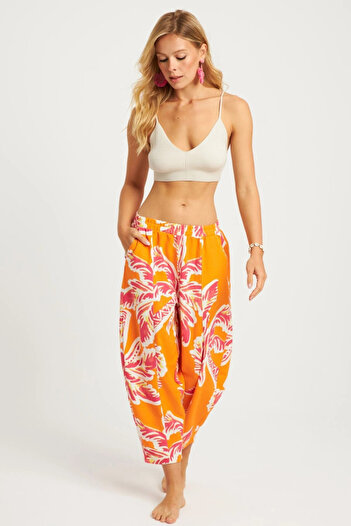 Cool & Sexy Linen K1253 - Orange Patterned Women's Baggy Trousers