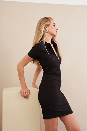 Cool & Sexy Women's Black Polo Neck Zipper Mini Dress Mod1994
